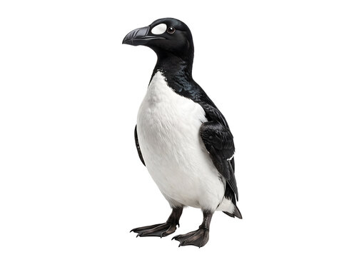 Great Auk (Pinguinus impennis) standing upright, compact flightless seabird with glossy black head and back
