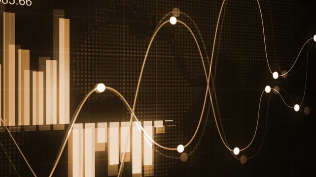 Financial data screen with bar charts and line graphs over a world map background animation