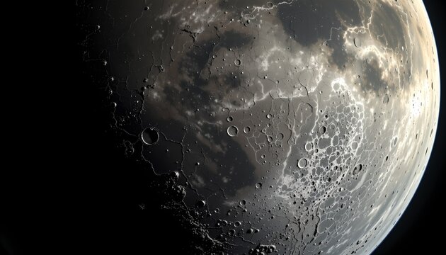 The image showcases the surface of a celestial body, likely the moon, with a highly cratered landscape