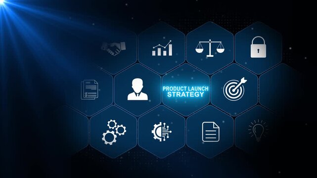 Project launch strategy concept with planning symbols, target icons and glowing blue hexagonal elements arranged across a dark professional background