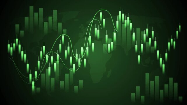 Abstract financial chart with candlesticks and line graphs over a dark world map animation