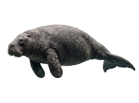 Steller's Sea Cow (Hydrodamalis gigas) shown floating naturally in a neutral horizontal position