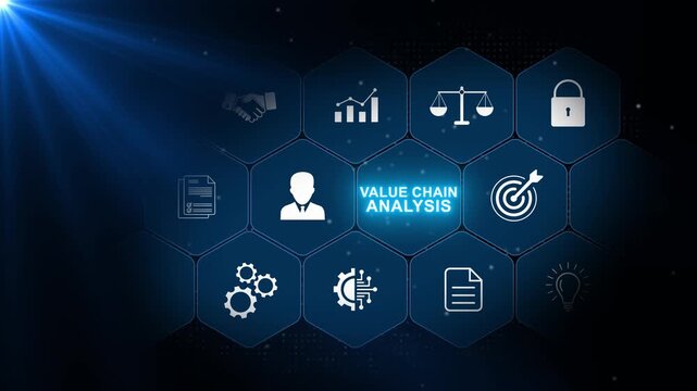 Value chain analysis concept with process symbols, analytics icons and luminous blue hexagonal elements on a dark professional digital background