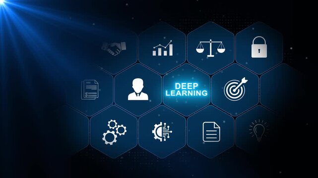 Deep learning concept with professional education and technology icons arranged in glowing hexagonal panels over a dark blue digital background