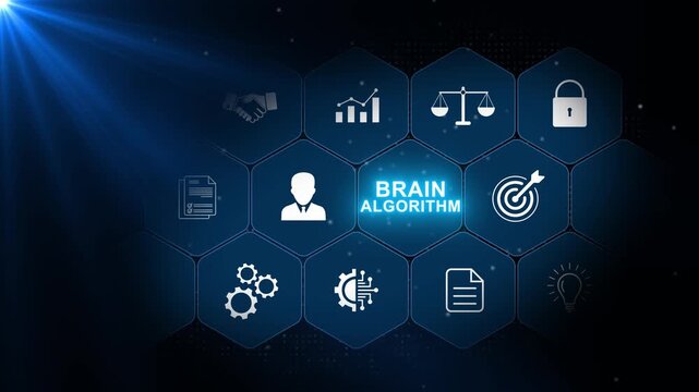 Brain algorithm concept with artificial intelligence, computing and analytical icons in glowing blue hexagonal panels over a dark digital background