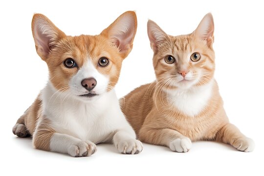 Adorable Ginger and White Cats Lying Down Close-up Portraits with Bright Eyes and Soft Fur on White Background