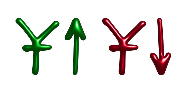 Hand drawn chinese yuan currency symbol Growth and fall profit with arrow up and down Brush stroke doodle Element for design