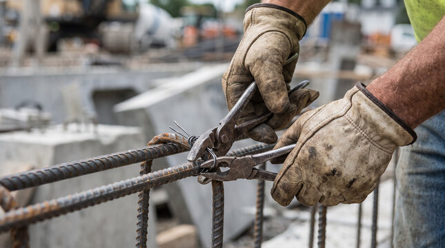 Construction worker wearing protective leather gloves using metal pliers to securely twist and tie steel rebar rods on a building site
