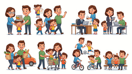 Fototapeta premium Vector Illustration Set of Happy Family Daily Activities and Parenting Routines