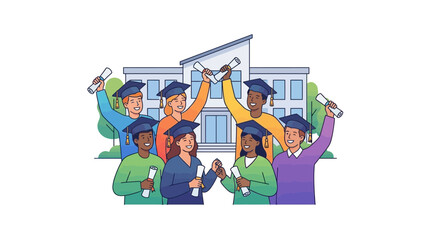 Diverse Graduates Celebrate Graduation Day Holding Diplomas Outside University Building