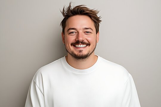 Happy young man with casual white sweatshirt smiling against plain beige background