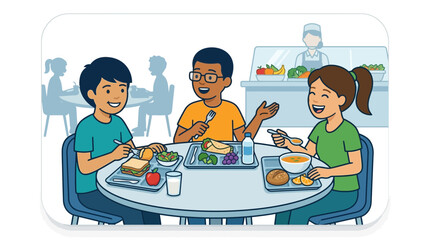 Happy diverse children eating lunch together at school cafeteria, illustration, isolated