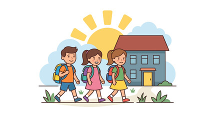 Fototapeta premium Three happy children with backpacks walking to school under a sunny sky, isolated on transparent background