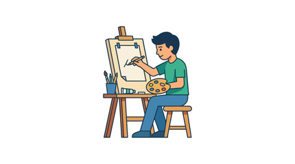 Young artist painting on canvas with easel, palette, and brushes, isolated on transparent background