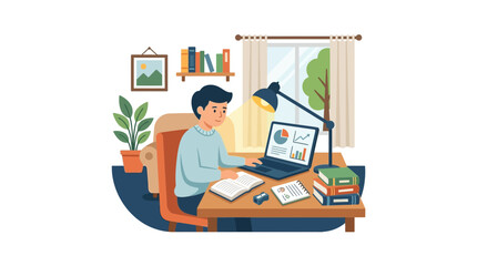 Obraz premium Young Man Studying At Desk With Laptop and Books, Home Office, Online Education, Remote Work Concept