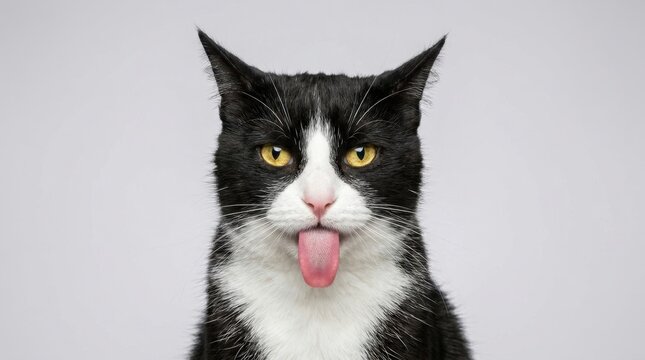 Funny black and white cat sticking out its pink tongue.