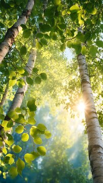 Sunlight Filtering Through Vibrant Green Leaves and Tall Trees in a Serene Forest Atmosphere