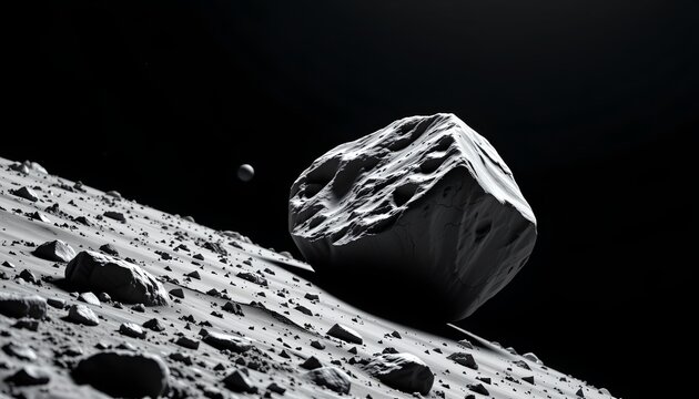 The image depicts a large, irregularly shaped asteroid or moon with a heavily cratered surface, floating in the darkness of space