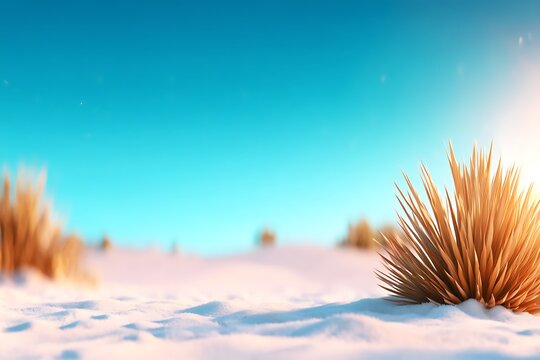 Lush Golden Grass Swaying Gently on White Snow Under a Bright Blue Sky at Sunrise