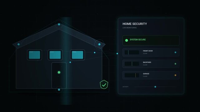 Digital home security system interface displaying house schematic and control panel with status indicators