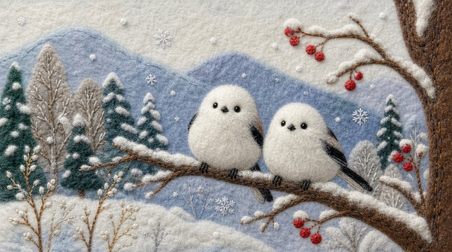 季節の風景。フェルトと刺繍で表現した冬の風景。雪の中、２羽のシマエナガが木の枝にとまっている。