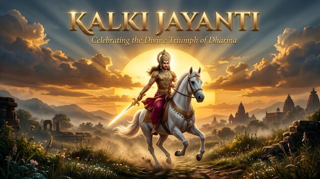 Kalki jayanti festival poster featuring lord kalki riding a white horse at sunset
