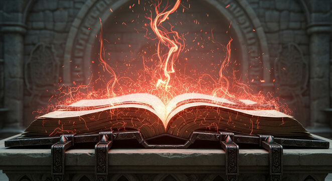 Glowing red magic spellbook emitting powerful energy offering an elegant touch perfect for modern marketing