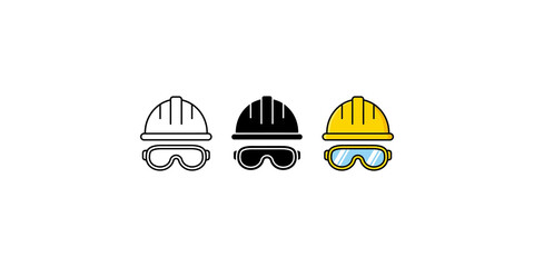 Fototapeta premium Three hard hats with safety glasses line outline and solid full color versions construction personal protective equipment.