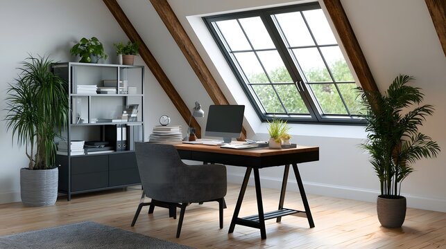 A modern attic office desk under a large skylight window with wooden beams and potted plants for natural light