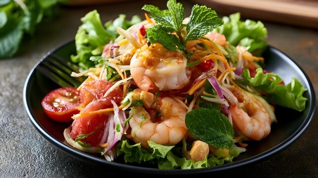 Fresh shrimp salad topped with mint leaves  pomelo segments  shredded carrots  and red onion on a bed of lettuce