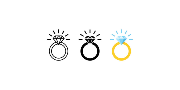 Diamond engagement ring icons in outline solid and gold color versions for jewelry branding.