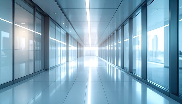 A bright and modern office hallway with reflective floors and glass walls.