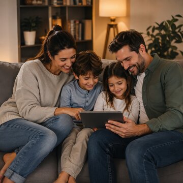 Family using tablet together on sofa at home