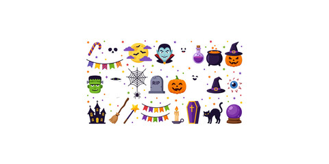 Fototapeta premium Halloween holiday element collection with spooky characters and items for festive party invitations and craft projects.