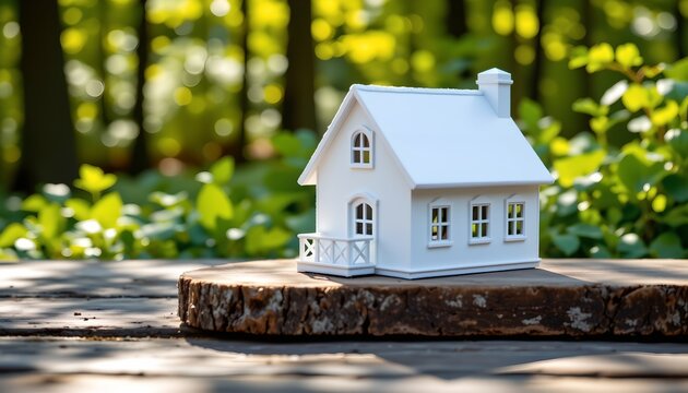 A small, detailed white model house sits atop a circular wooden platform, which appears to be a slice of a tree trunk