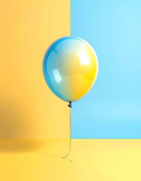 A single balloon with a gradient of blue and yellow colors floats against a split background of yellow and blue.