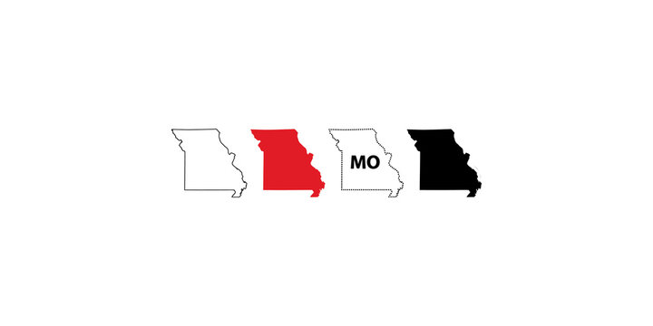 Missouri state outline map in different styles with varied colors and text for design.
