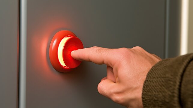 Male hand index finger pressing big glowing red emergency button on gray wall panel represents urgent action alarm stop and critical situation response