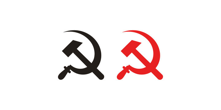 Hammer and sickle communist political icons in red and black colors for historical and socialist design concepts.