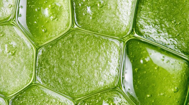 Fresh green aloe vera gel filled inside hexagonal honeycomb cells with small air bubbles shows natural organic skincare product texture close up