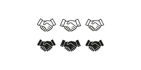 Two types of handshake icons representing business agreement and partnership, black and outline. © Saba