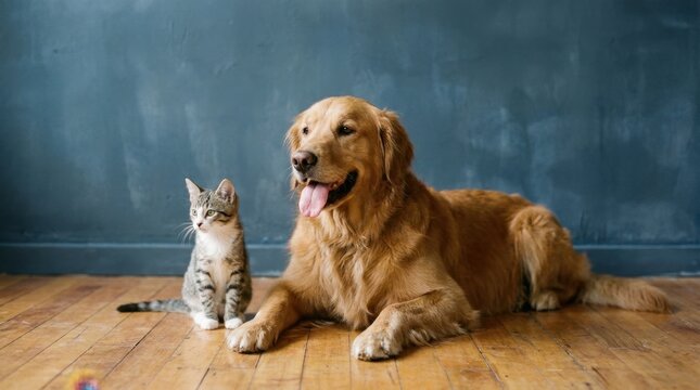 Golden Retriever Dog and Tabby Kitten Sitting Together on Wooden Floor.