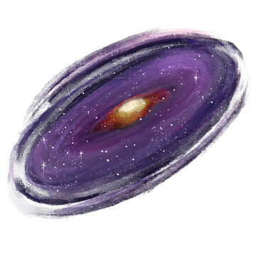 Hand drawn purple spiral galaxy with nebula and stardust isolated on white background