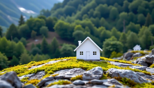 A small white house with a pitched roof and a chimney is situated on a rocky and grassy landscape