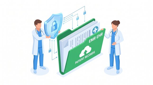 Isometric illustration of doctors holding a shield over a giant electronic medical record folder