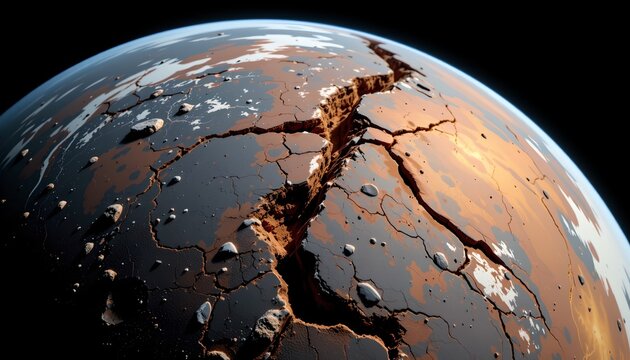 The image depicts a planet with a heavily cracked and fragmented surface, suggesting extreme environmental stress or damage