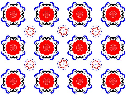 Seamless pattern of vibrant red and blue floral tile ornaments on a clean white background for wallpaper print textile and packaging design