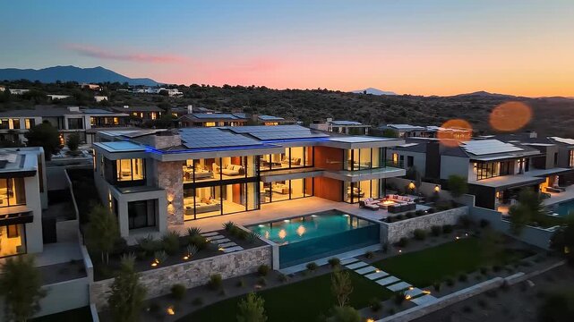 Modern luxury home with infinity pool at sunset in upscale neighborhood with mountain views
