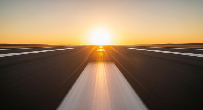 Straight empty highway road leading directly into bright sunset offering an elegant touch perfect for modern marketing