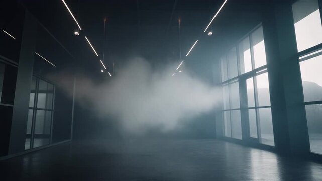 Mysterious foggy interior hallway with modern lighting and windows